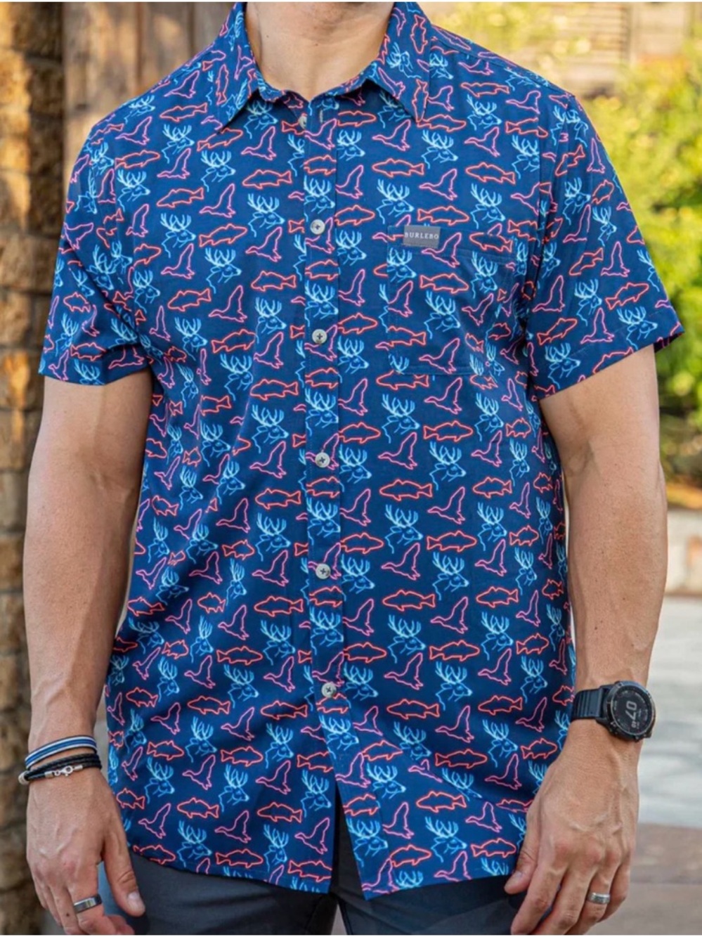 BURLEBO Neon Outdoors Performance Button Up Fish Deer Hunt Shirt Mens 2XL EUC